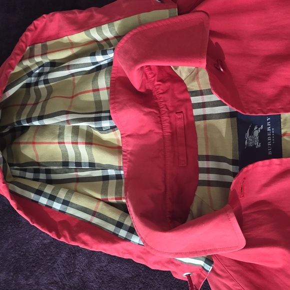 Burberry Red Coat with Plaid Hood - Picture 2 of 8